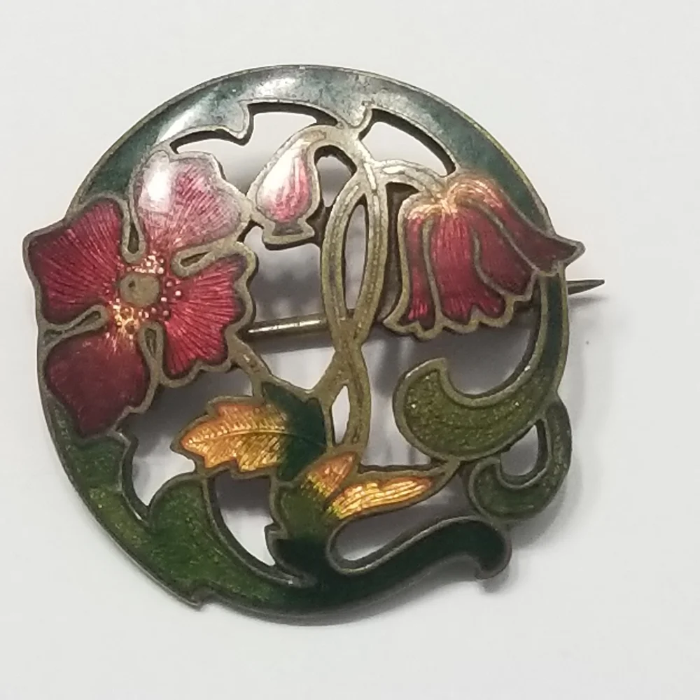 Antique brooch pin poppy flowers floral gold tone Victorian Edwardian red